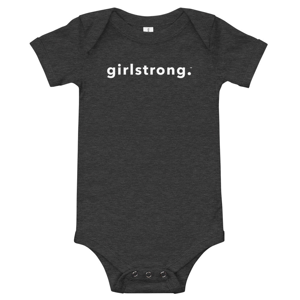 Cute baby onesie with empowering Girlstrong Print-girlstronginc.com