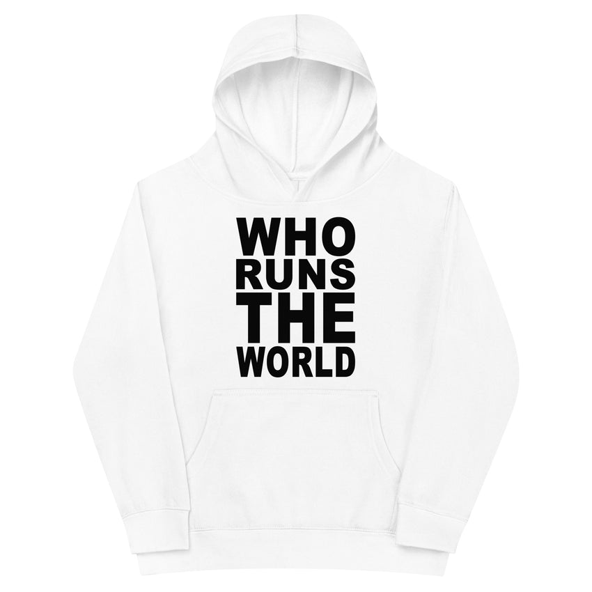 Trendy everyday girl kids hoodie with Who Runs the World print-girlstronginc.com
