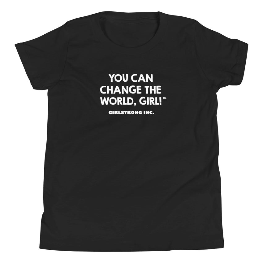 Kids trendy girl black tee with "You Can Change the World" print-girlstronginc.com