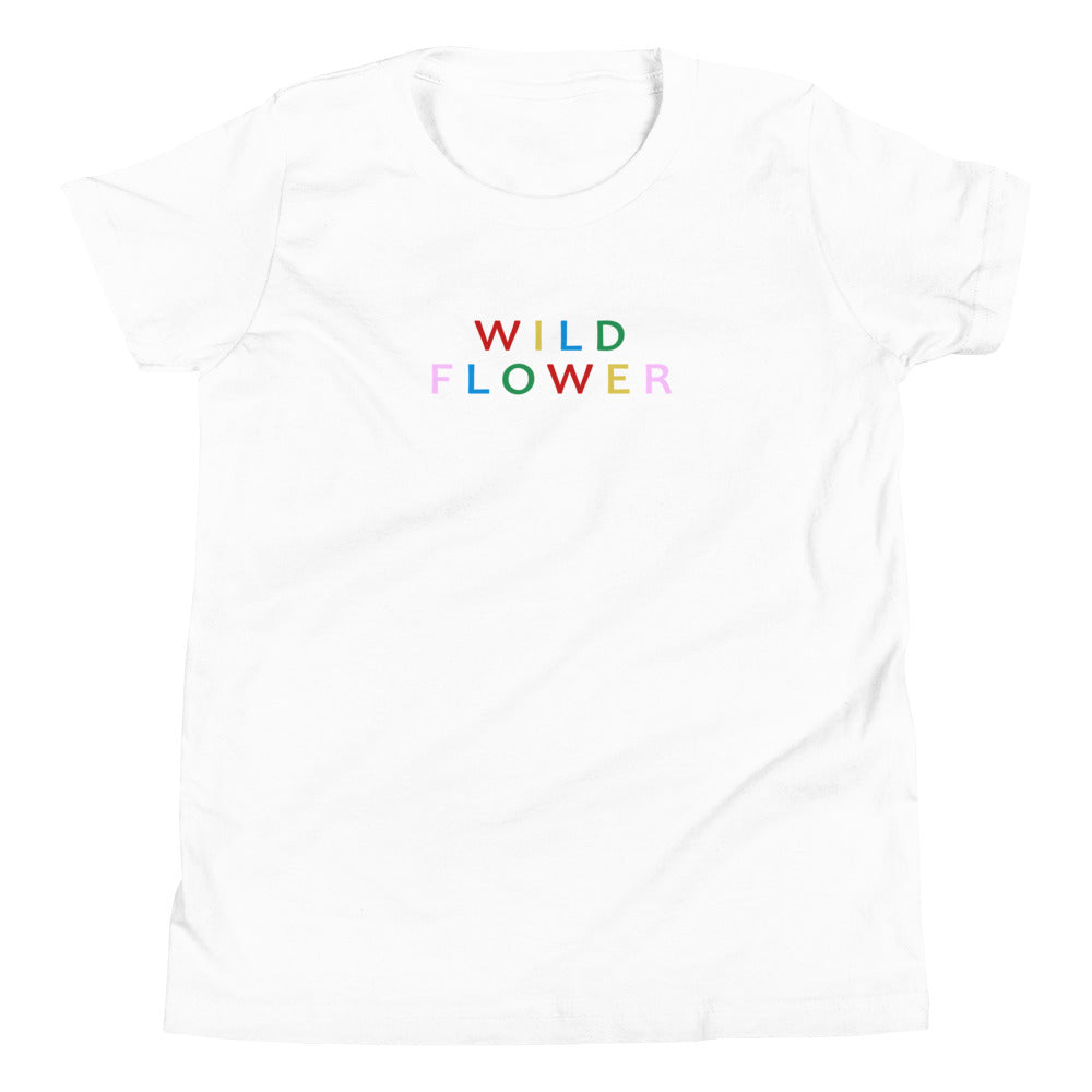 Trendy girl tee in white with wild flower colorful text print for fashionable kids-girlstronginc.com