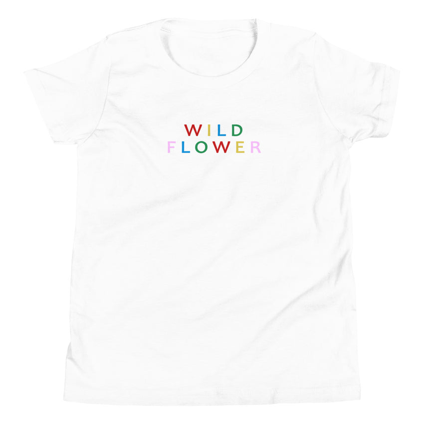 Trendy girl tee in white with wild flower colorful text print for fashionable kids-girlstronginc.com