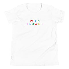 Trendy girl tee in white with wild flower colorful text print for fashionable kids-girlstronginc.com